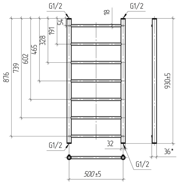 Полотенцесушитель водяной Vimarr Briz PSV-13VMRВ51Cr 500х1000 лесенка, с фитингами в комплекте, хром