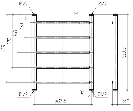 Полотенцесушитель водяной Vimarr Briz PSV-13VMRB56BL 500х600 лесенка, с фитингами в комплекте, черный матовый